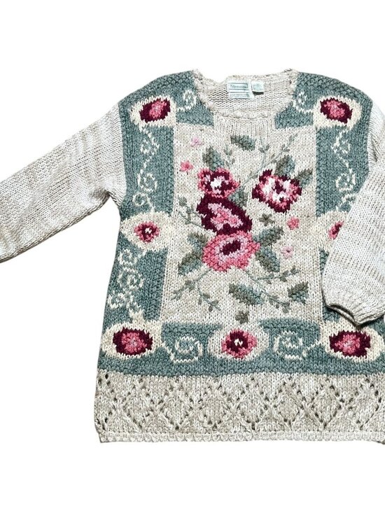 Vintage Sweaters - Vintage Shenanigans Sweater Womens Size S Floral Hand Knit Cozy Grandma